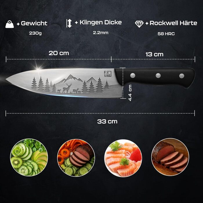 Ніж кухарський FIXLINE® Chefmesser 20 см BLACK FOREST Edition – професійний ніж для кухні, нержавіюча сталь, чорна дерев'яна ручка, подарункова упаковка