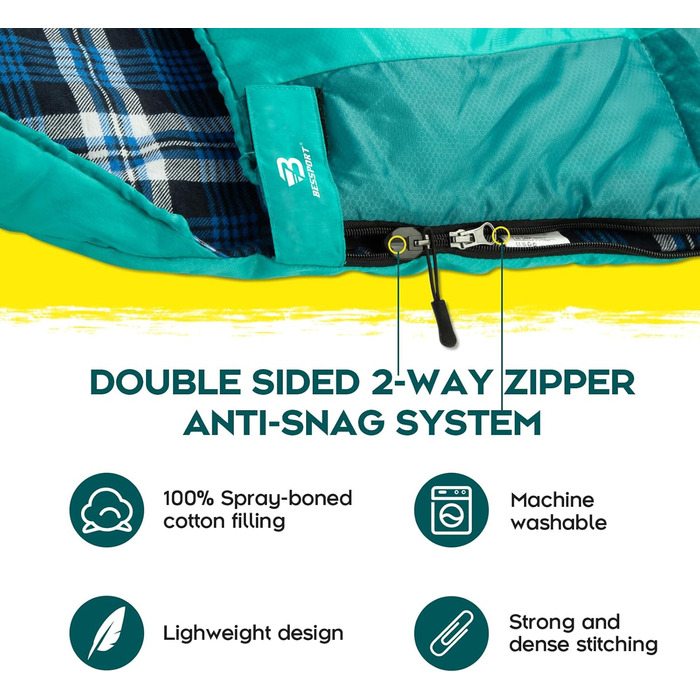 Спальний мішок Bessport фланелевий для кемпінгу 3-4 сезони -10°C-20°C | Зимовий, легкий, водонепроникний та теплий спальний мішок для дорослих та дітей, для подорожей з рюкзаком, кемпінгу, походів та подорожей. Фланелева підкладка, блакитний/зелений (-5°C