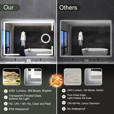 Дзеркало для ванної кімнати S'bagno з підсвічуванням 100x70 см, 5x збільшення, LED, алюмінієва рама, протитуманне покриття, 3 кольори, диммування, пам'ять, HD скло, IP44, без Bluetooth