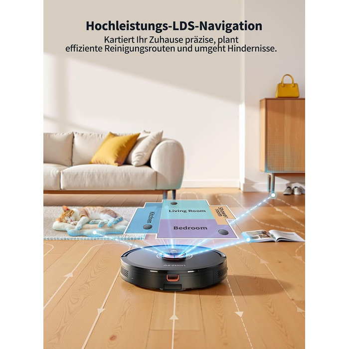Робот-пилосос Airzeen Q10 Pro S з вологою, 6000Pa, LiDAR, керування через APP та Alexa, для дому, килимів, шерсті тварин, чорний