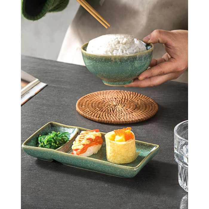 Набір посуду для суші HENXFEN: 2 тарілки, ложки, миски, зелений блиск