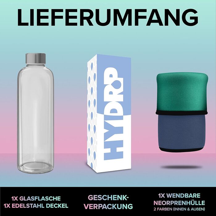 HYDROP® TEST WINNER Glass Bottle 1 Liter with Protective Cover - Shatterproof - Drinking Bottle Glass in 1L or 750ml, Suitable for Carbonated Drinks & Leak-Proof - Glass Water Bottle with High-Quality Gift Packaging (Navy Blue / Emerald Green, 750 ml)