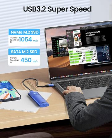 Зовнішній корпус-адаптер ORICO M.2 NVMe та SATA SSD (USB 3.2 Gen 2, 10Gbps), алюмінієвий кейс для SSD 2230/2242/2260/2280, B+M Key, UASP, Trim, без інструментів — PWDM2-BK (Синій)