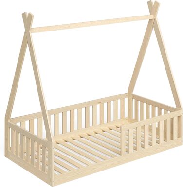 Bellabino Tajo Children's Bed Base 80x160 cm, House Bed made of Solid Pine Wood with Fall Protection/Rail and Slatted Frame in Natural for Children from 3 Years