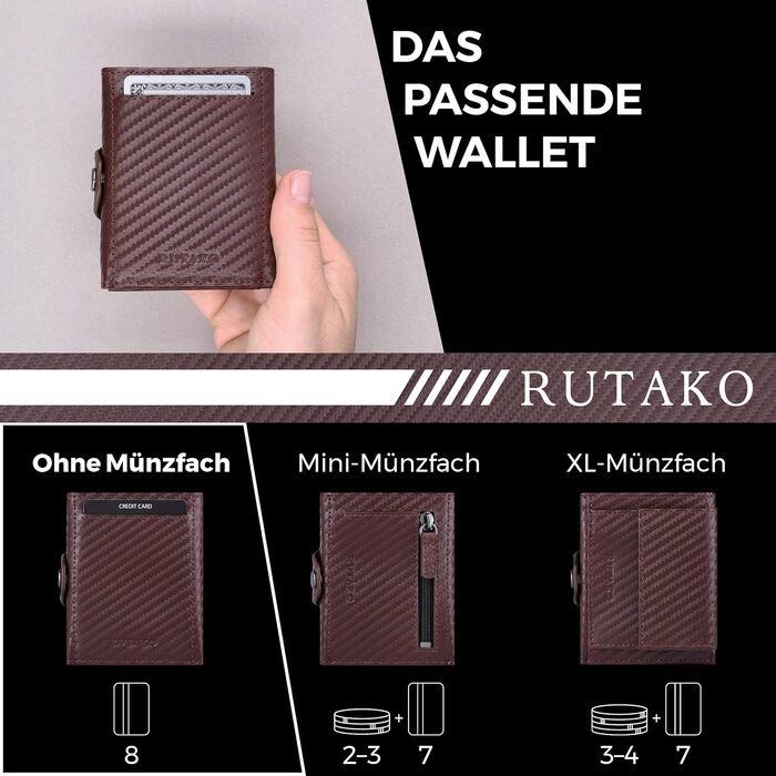 Слім-гаманець RUTAKO з RFID-захистом — компактний картхолдер для чоловіків та жінок, міні-портмоне з карбону (Коричневий карбон, без монетниці)