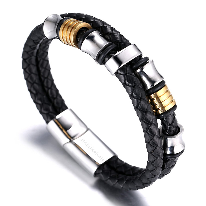 Браслет дитячий Halukakah Ehre Junior для хлопчиків зі шкіри чорного бика, з магнітним застежкою, покритий золотом/платиною, з титановими перлинами (6-12 років, 18-19.5 см)