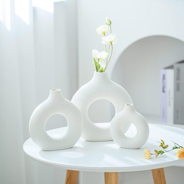 Ceramic Vase Set for Pampas Grass - 2pcs (Large & Medium), Modern Matte Donut Vases for Home Decor, Flowers, Table, Shelf, Fireplace, Living Room, Bedroom, Office, Wedding, Party, Gift - White