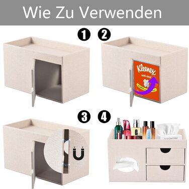 Tissue Box Linen with Drawers, Square Cosmetic Tissue Box with Magnetic Closure, Tissue Box with Side Pocket for Mobile Phones, Cosmetic Brushes, Remote Controls, Office Supplies, Perfumes (Beige)