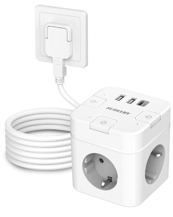 Розетка-смуга 6 в 1 з USB-C, 3 розетки, плагін, індивідуальне вмикання, куб, з кабелем, 1 USB-C, для офісу, дому, подорожей (4M, білий)