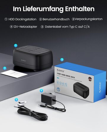 ORICO Док-станція для жорстких дисків, USB 3.2 Gen 1, 2 відсіки, підтримка 2.5/3.5 HDD/SSD, до 20TB, UASP, 12V 3A