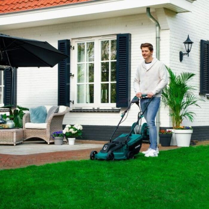 VONROC Corded Electric Lawn Mower | 1300W - 32cm Cutting Width - Adjustable Cutting Height 30-70MM | Electric Scythe Mower for Small to Medium-Sized Areas