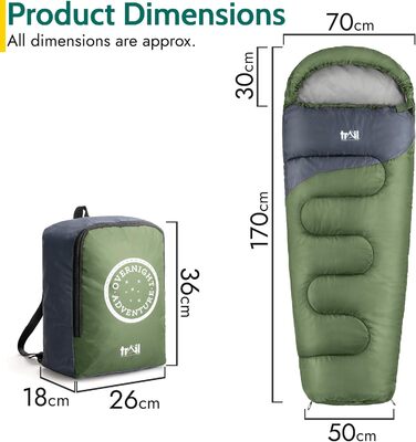 Дитячий спальний мішок Trail Mumienschlafsack 3 сезони для кемпінгу – 300gsm – для хлопчиків та дівчаток – з легким рюкзаком (Хакі)