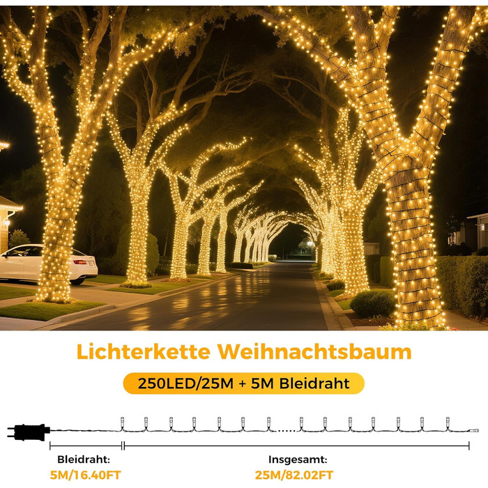 Гірлянда світлодіодна для прикраси ялинки та інтер'єру, 25м, 250 LED, тепле біле світло, 8 режимів, пульт, таймер, IP44, для дому та саду