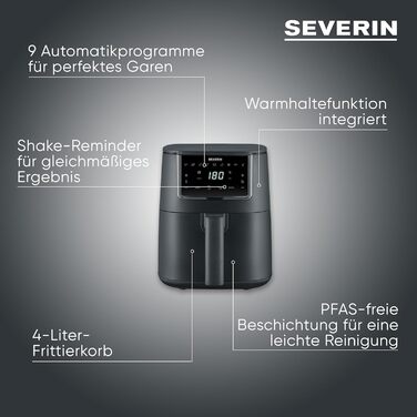 Фритюрниця Severin FryLight FR 2461: безжирова кулінарія, 1300W, 4L, чорний колір, 8 програм, Touch-Display, Warmhaltefunktion