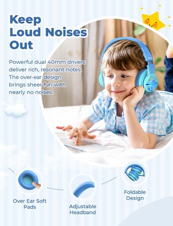 iClever Бездротові навушники для дітей з LED-підсвіткою, Bluetooth 5.2, мікрофон, BTH12 (градієнт синього)