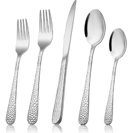 Herogo Cutlery Set, 30-Piece Stainless Steel Cutlery Set for 6 People, Elegant Hammered Silver Cutlery with Knife, Fork, and Spoon, Dishwasher Safe/Rustproof/Polished