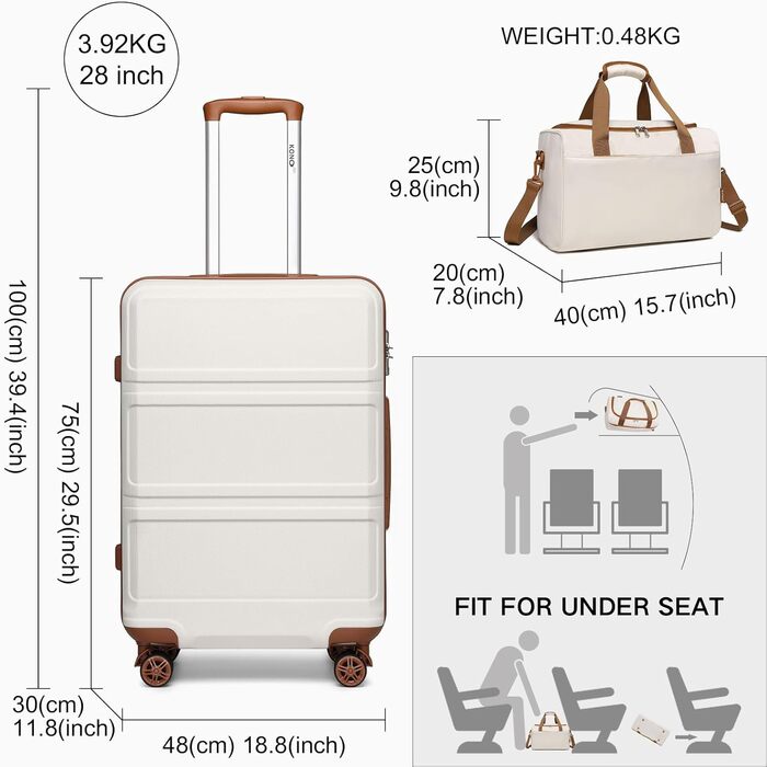 Набір валіз та сумок KONO: ручна валіза 55 см + сумка для ручної поклажі Ryanair (40x20x25 см), кремовий