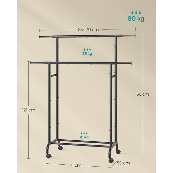 SONGMICS Clothes Rack with 2 Clothes Rods, Extendable Garment Rod, with Wheels, Coat Rack, Height Adjustable between 113 and 180 cm, Lower Rod Adjustable, LLR401R01 (Ink Black, 120D x 50W x 156H cm)