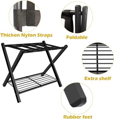 mocomax 1 Pack Folding Luggage Rack for Guest Rooms, Folding Suitcase Stand with Metal Shelf for Bedrooms, Living Rooms, Hotel Essentials, Robust Steel Frame, Black