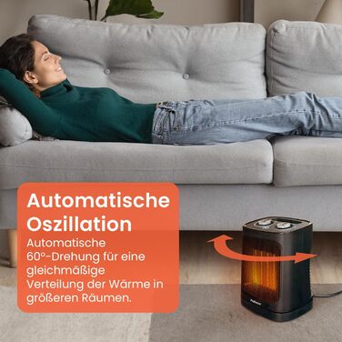 Про Breeze 1800W міні керамічний обігрівач з двома рівнями потужності, автоматичним гойданням та режимом охолодження для ванної, вітальні, офісу, тераси - чорний