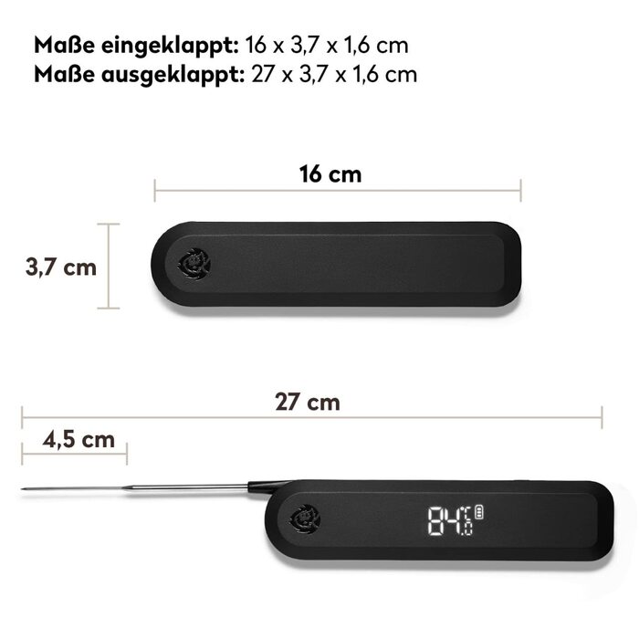 Burnhard Instant-Read Thermometer, Folding, Grill Thermometer + Leather Protective Case, Roast Thermometer, Ultra-Fast Measurement, 1.5mm Probe, 180° Invisible-Off LED Display, USB Rechargeable