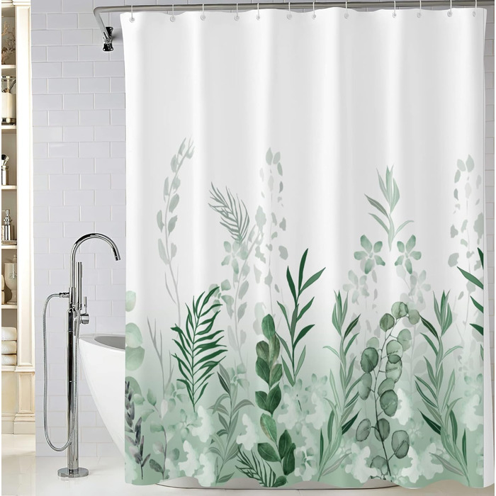 Штора для душу M&W DAS DESIGN з поліестеру, листя зелено-золоті, водонепроникна, антигрибкова, з кільцями та утяжеленим краєм 180x200 см