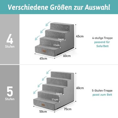 COZY KISS Dog Stairs for Small Dogs, 5 Steps Wide Pet Stairs for Bed Couch Car, 60cm High High-Density Foam Cat Stairs with Removable Cover (Gray, 75x50x60cm, 5)