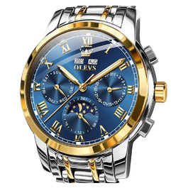 Чоловічий механічний годинник OLEVS з автопідзаводом, золотисто-сріблястий сталевий браслет, синій циферблат, фаза місяця, водонепроникний, люкс бізнес-стиль (6692)