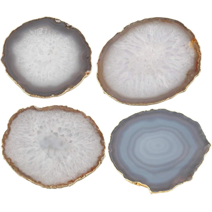 mookaitedecor Polished Natural Geode Agate Slices Coasters Set (2 Pieces), Decorative Stone Coasters for Glasses, Cups, Vases, Candles, Serving Plates, Name Cards for Wedding (Natural Color-Gold Accented Edge)