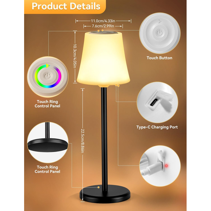 LED настільна лампа акумуляторна 2 шт, біла, IP54, диммування, сенсорне управління, для ресторанів, спальні