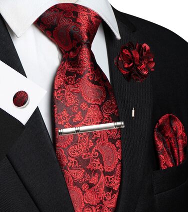 Краватка чоловіча JEMYGINS з нагрудним хустиною, краваткотримачем, брошшю та застібками на манжетах, квітковий принт, червона