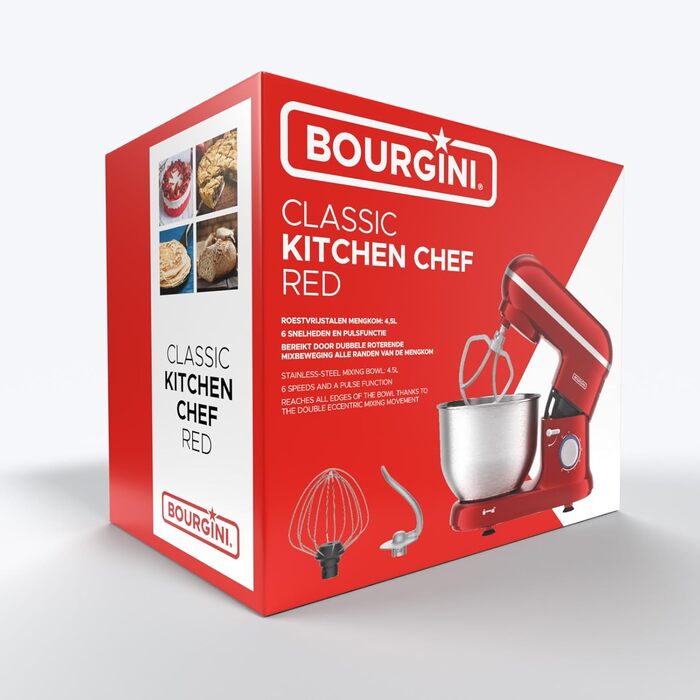 Stand Mixer - Classic Kitchen Chef Red - Kitchen Mixer - Food Processor with 4.5 Liter Capacity, 1300-Watt Motor