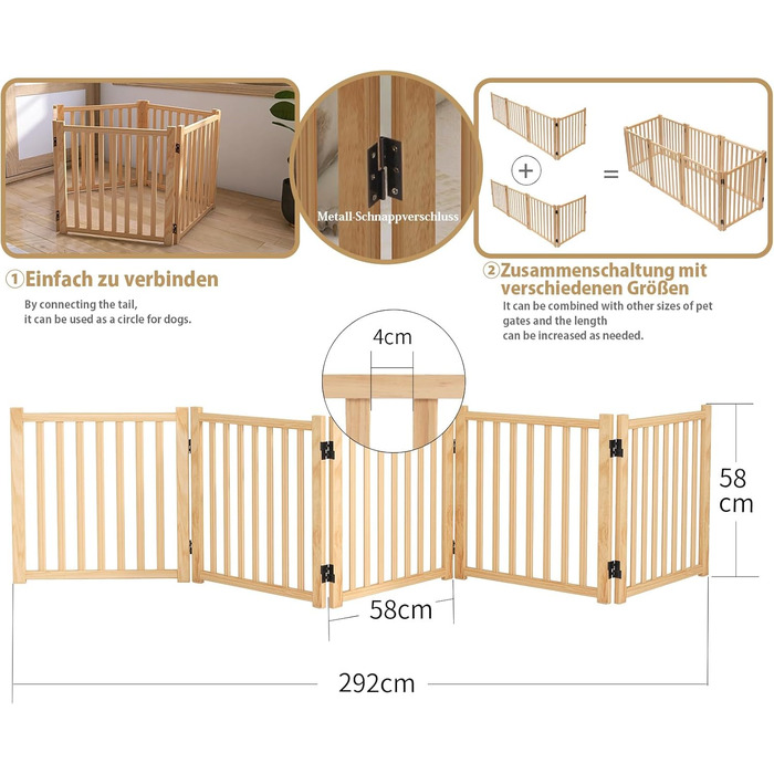 Дверцята для собак з дерева, розкладні, для кухні, коридору, вітальні, на сходи, кутова установка, підходять для собак маленьких та середніх порід, дерев'яного кольору, 2P 58см, захисний загін для собак (5-58)