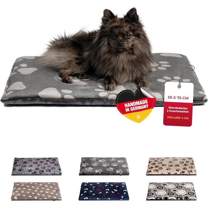 Плед для собак S (55x75 см) – двосторонній, м'який, з наповнювачем 3 см – ідеально для дивану, авто та переноски – лапка антрацит, Made in Germany 55 x 75 см лапка антрацит