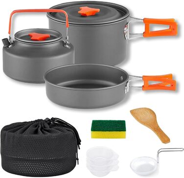 Набір кухонного посуду для кемпінгу, 10 предметів: каструля, сковорода, чайник, сумка для зберігання. Для кемпінгу, пікніків та походів
