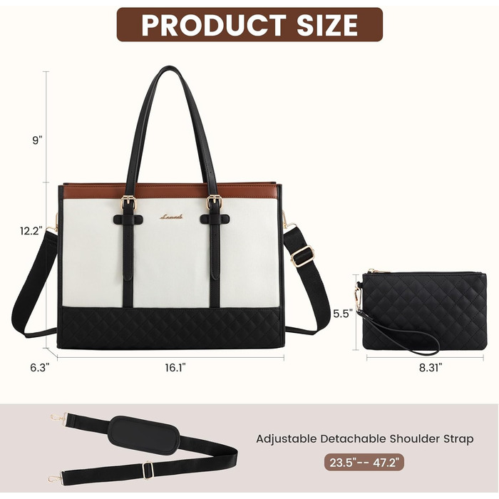 Сумка для ноутбука LOVEVOOK жіноча, сумка-шопер для роботи, університету, офісу 15.6 дюймів, коричнево-чорно-біла
