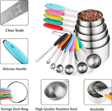 Stainless Steel Measuring Cup and Spoon Set including 4 Measuring Cups, 5 Measuring Spoons, and 1 Leveler for dry or liquid ingredients (C5S7)