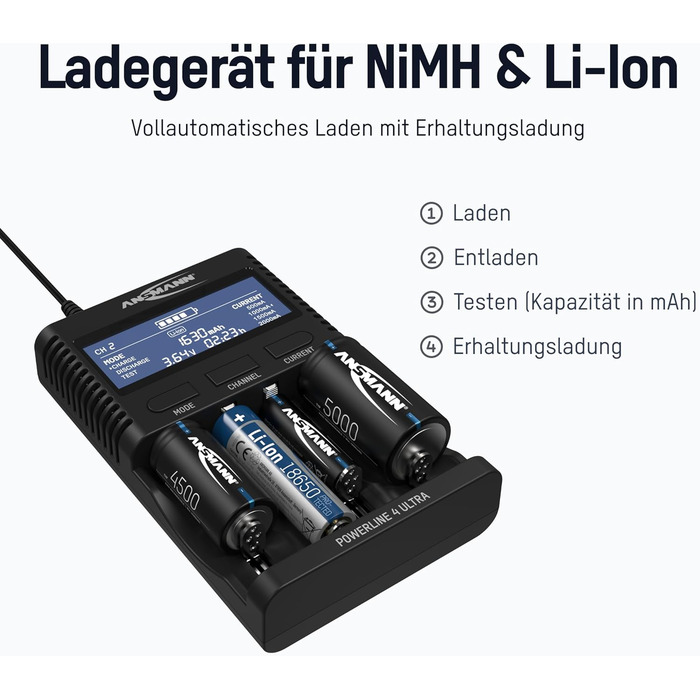 Зарядний пристрій ANSMANN для NiMH/Li-Ion акумуляторів AAA, AA, C, D (1-4 шт) та Li-Ion 10340-26650, USB