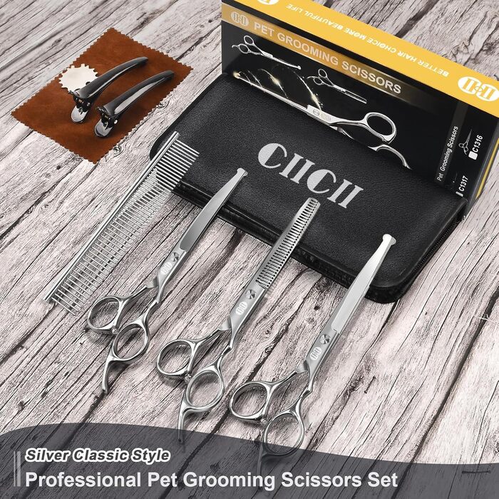 CIICII 10-in-1 Professional Dog Grooming Scissors Set with Round Tip - Pet Hair Trimmer for Dogs & Cats