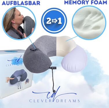 Clever Dreams Neck Pillow Airplane Travel Pillow Inflatable 2 in 1 with Memory Foam Foam Neck Pillow Car Travel Pillow Inflatable Neck Support for Adults Breathable and Adjustable