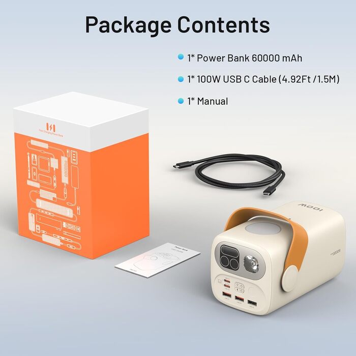 Power Bank Selore&S 60000mAh 100W з 5 портами USB-C для iPhone, Samsung, MacBook, iPad та інших пристроїв (Великий, Абрикосовий)