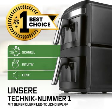 Фритюрниця повітряна Gourmetmaxx AirGenius 9 л (2 x 4,5 л) з 8 програмами | 2 камери для приготування 2 страв одночасно | Сенсорний дисплей | Для 8 осіб