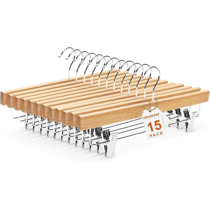 Дерев'яні вішалки для штанів та одягу HOUSE DAY з кліпсами, 25 шт. Вішалки для спідниць, дерев'яні білі вішалки для одягу, компактні вішалки для штанів з обертовим гачком 360°, ширина 35,5 см (натуральне дерево)