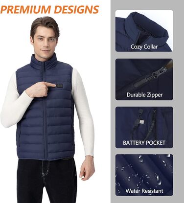 Обогревна жилетка для чоловіків: тепла зимова жилетка з акумулятором 5V 10000 mAh, 3 режими температури, придатна для прання, для активного відпочинку (XL, Синій)