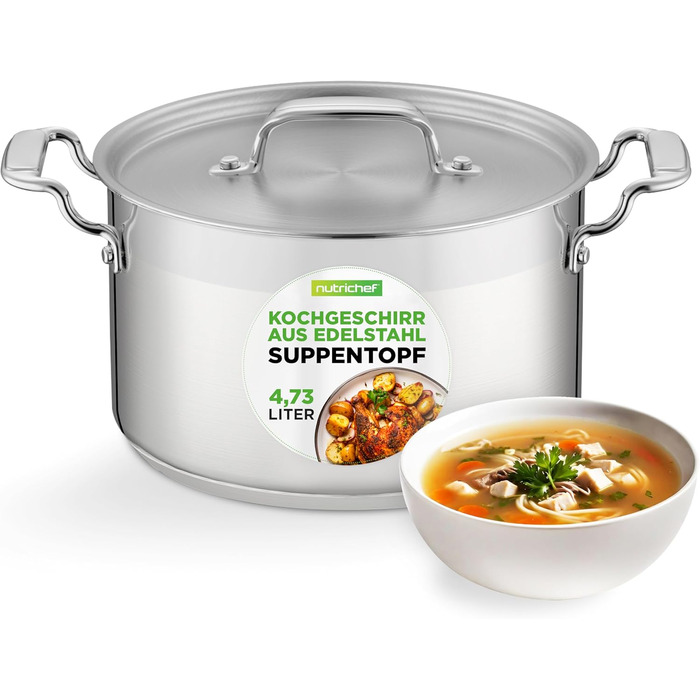 Каструля NutriChef з нержавіючої сталі, 11.4 л з кришкою, для індукційних плит | Ідеально для приготування супів та meal prep | Можна мити в посудомийній машині