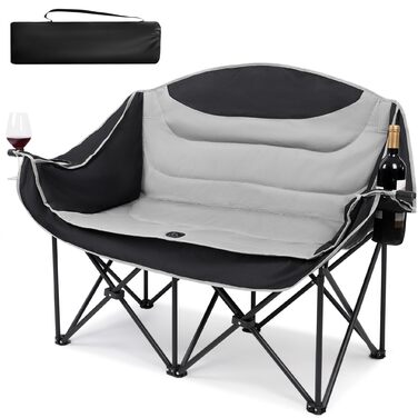 Кампанінг стілець подвійний великий, м'який, з підсклянником, складаний для 2 осіб, чорно-білий