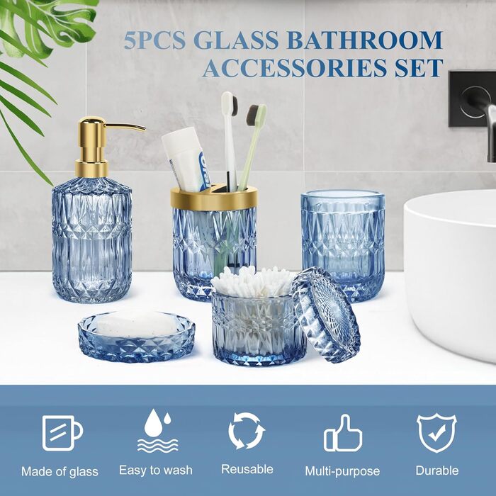 Набір аксесуарів для ванної кімнати 5 предметів, чорний дозатор для мила та лосьйону, мильничка, підставка для зубних щіток, стаканчик, склянка для ватних паличок, прозорий скляний бокс (Синій)