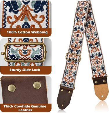 Гітарний ремінь з бавовни для акустичної гітари, 2 шт., вишиті ремені для бас-гітари, електрогітари та акустичної гітари, безкоштовна пряжка, замок для ременя та медіатор (Retro-gold-jacquard)