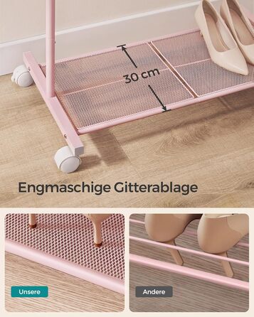 SONGMICS Clothes Rack, Rolling Garment Rack, Metal Wardrobe Stand, Rolling Wardrobe 91 cm wide, with Shelf, 2 Swivel Wheels with Brake, Rod Load Capacity up to 40 kg, HSR025A01 (Pastel Pink, 74x40.5x158cm)