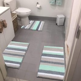 Pauwer Microfiber Bath Mat Set - 3 Piece Non-Slip Absorbent Bathroom Rugs for Shower, Bathtub & Toilet - Washable Bath Mat & Toilet Mat (Green)
